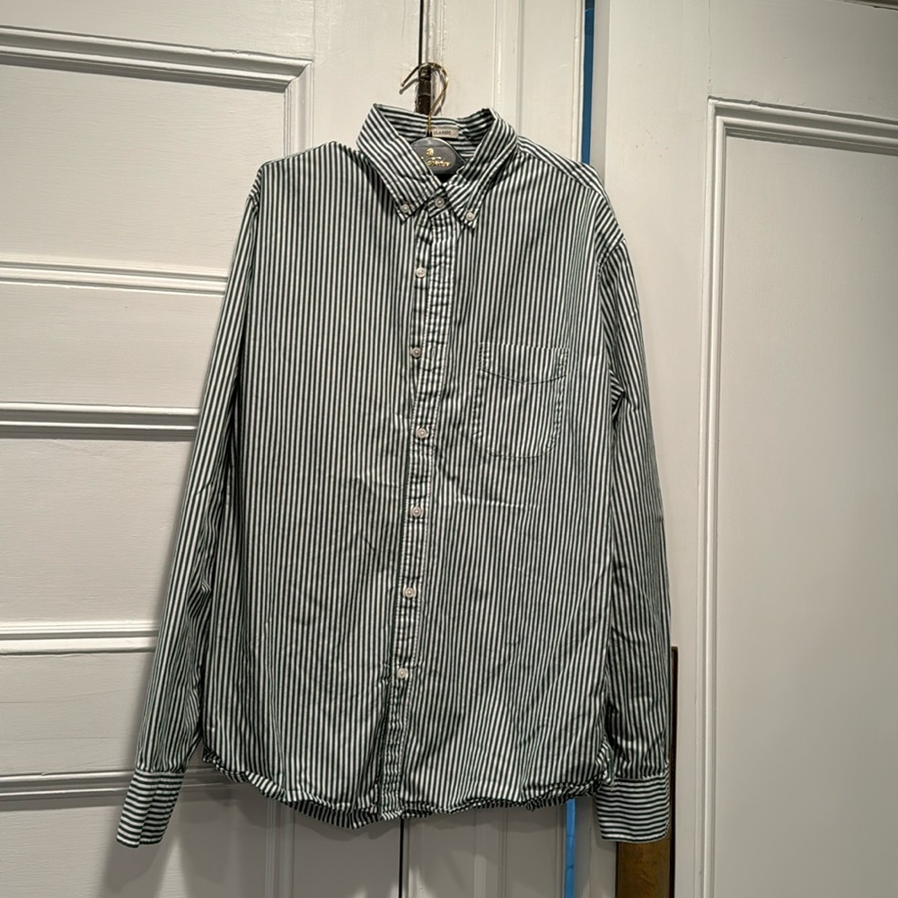 J Crew Green/White Striped Cotton Shirt, L
